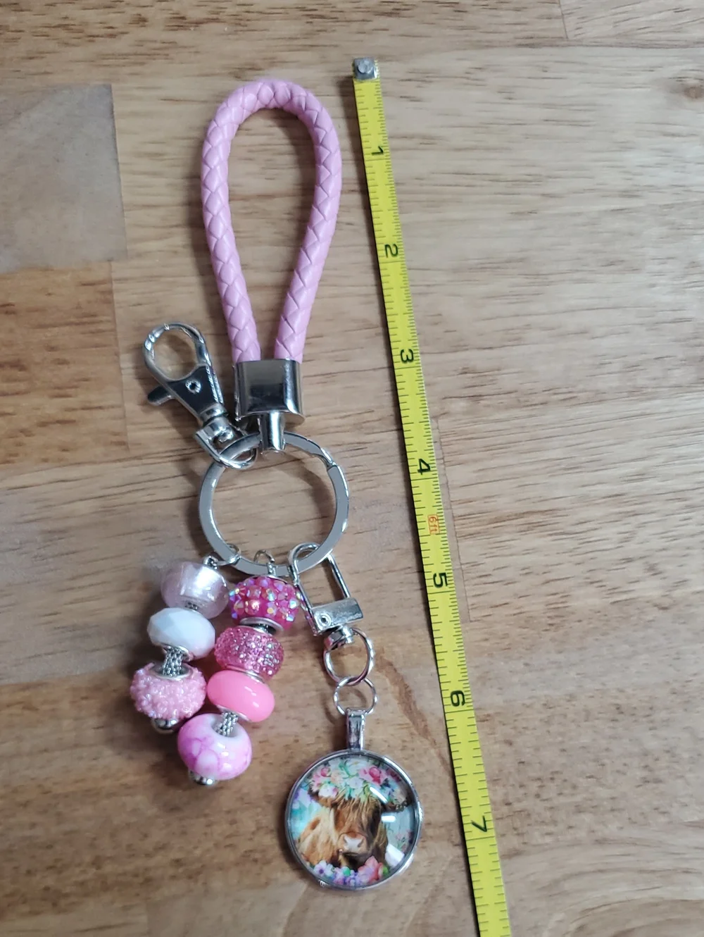 Pink Beaded Highland Cow Keychain Wristlet